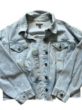 Style & Co Light Wash Cropped Denim Jacket with White Heart Details size Large